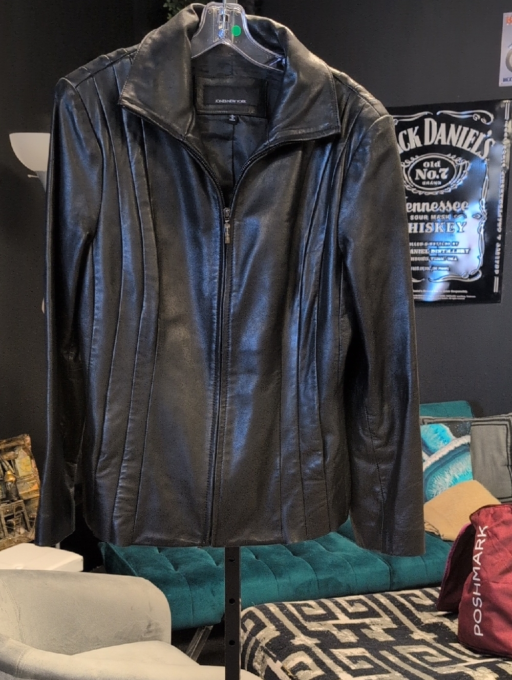 Jones New York Black Leather Zip-Front Jacket